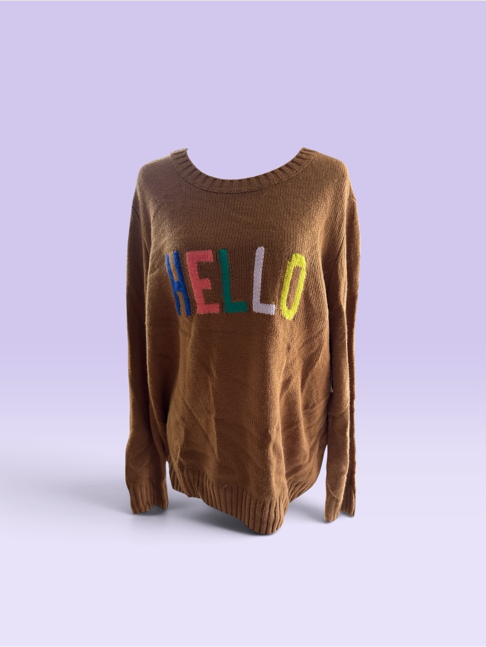 St. John's Bay Brown Crewneck Sweater with Multicolor 'HELLO' Letters